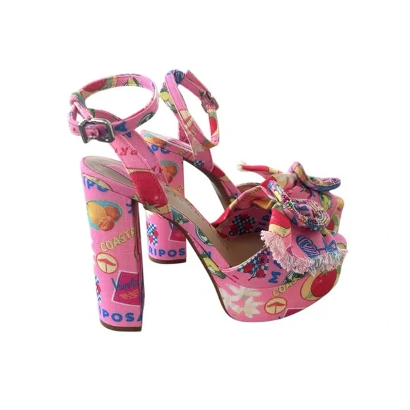 GIANNI BINI Pink Tobias Linen Mismatched Buckle Platform Sandals Heels 7.5 NEW - Picture 6 of 11